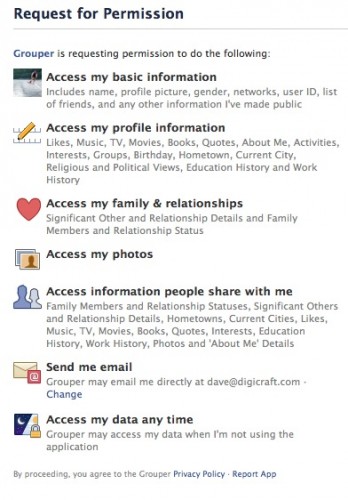Facebook application permission request
